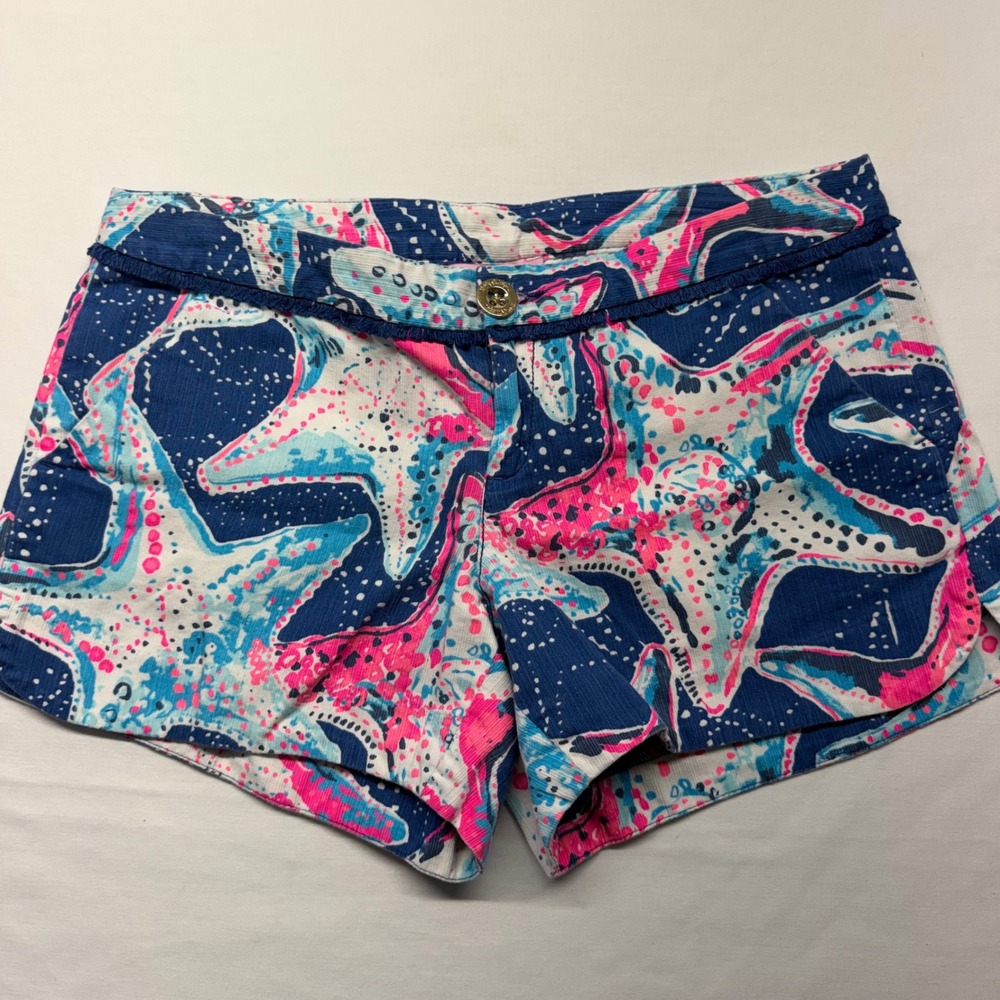 Lilly Pulitzer Shorts Size 0 Starfish Print Blue Pink Coastal Preppy 3.5" Summer